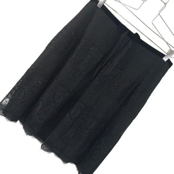 ANN TAYLOR! BLACK SEQUINNED LACE, BLACK VELVET RIBBON TRIM A-LINE SKIRT! SZ 14 - Picture 1 of 8